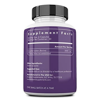 Ancestral Supplements Grass Fed Beef Spleen — 3000mg Spleen Support, Immune & Iron Health, 180 Capsules
