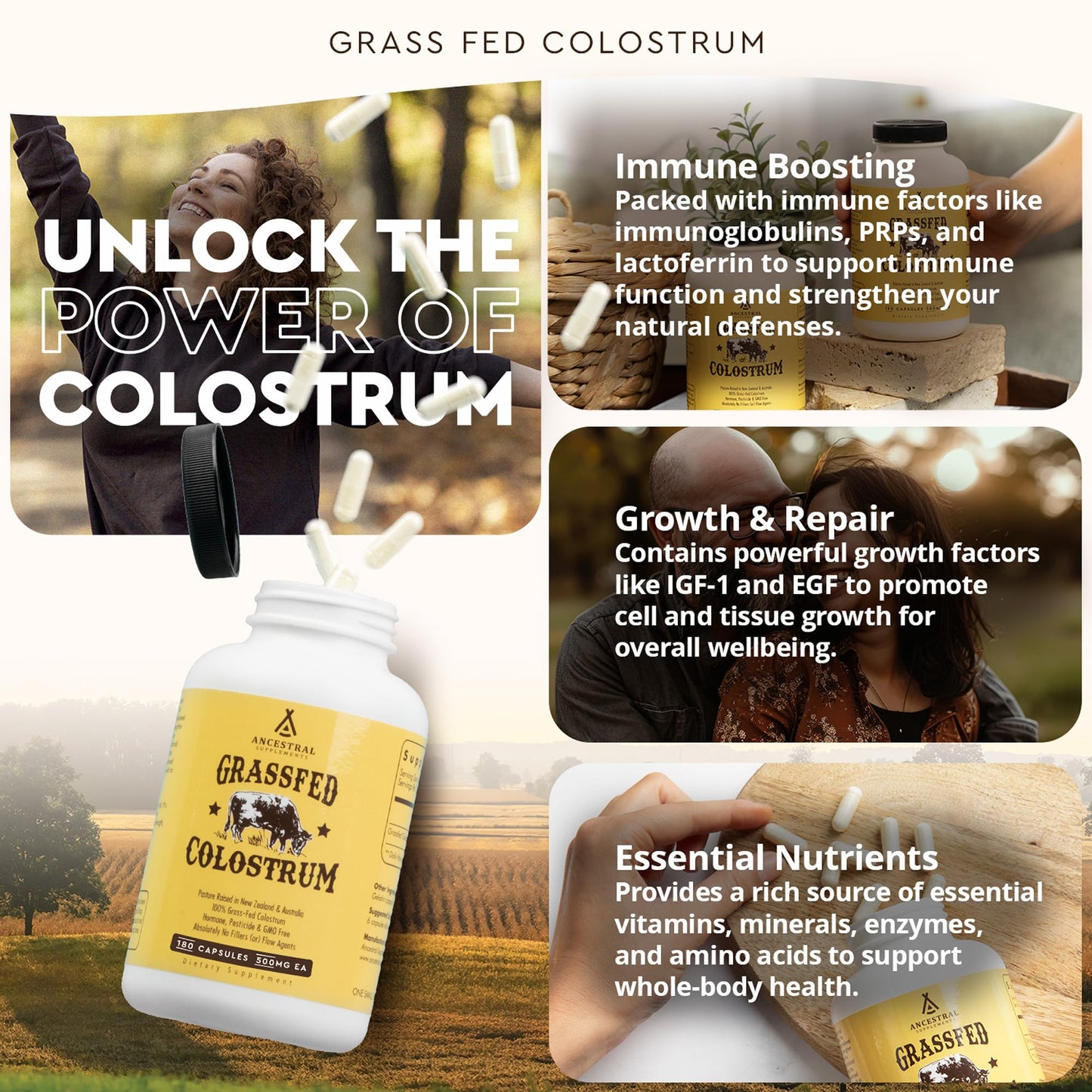 Ancestral Supplements Grass Fed Beef Colostrum Supplement – 3000 mg, 180 Capsules | Immune & Gut Health Support