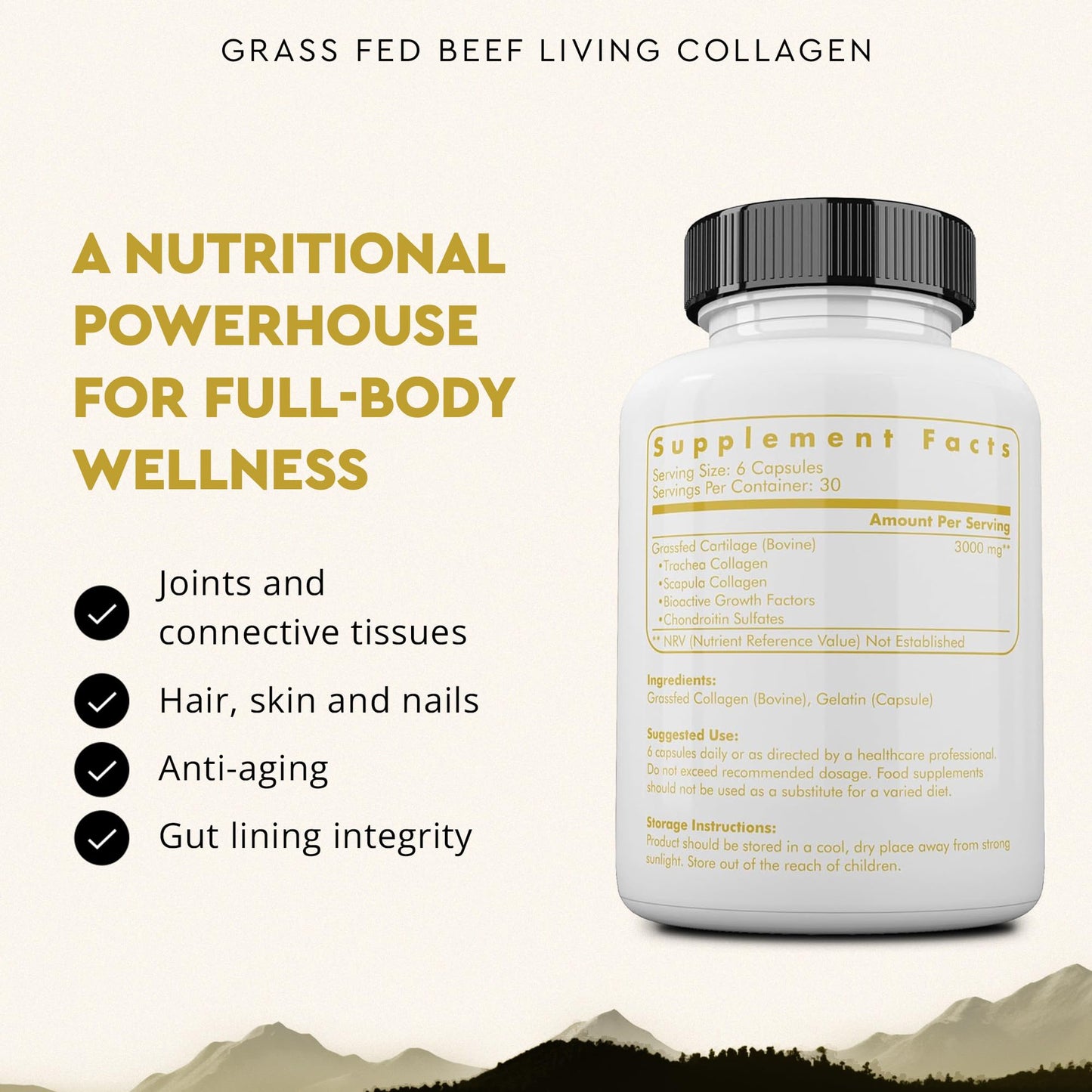 Ancestral Supplements Grass-Fed Beef Living Collagen – 3000mg, 180 Capsules, Type II