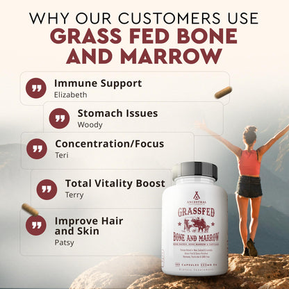 Ancestral Supplements Grass-Fed Beef Bone & Marrow — 180 Capsules (3000mg) for Joint, Skin & Oral Health