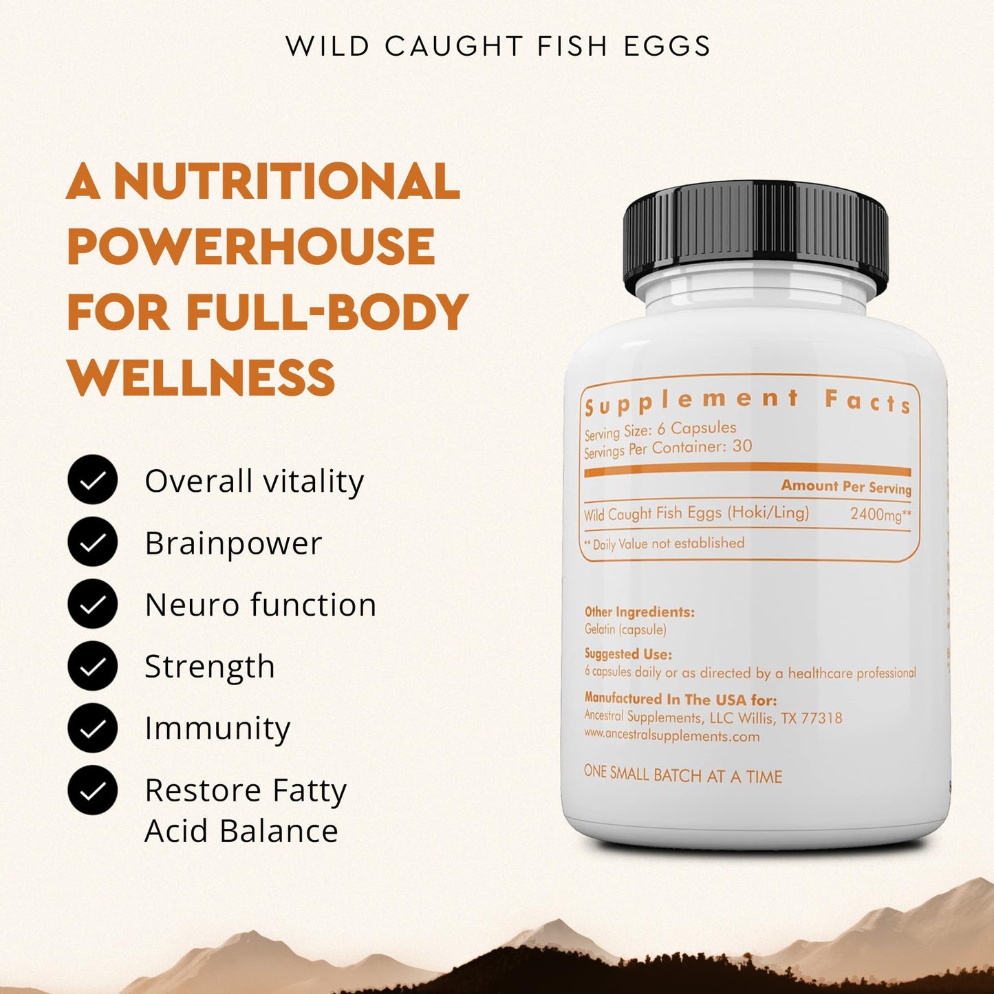 Ancestral Supplements Wild Caught Fish Eggs – 2400mg Omega-3, 180 Capsules
