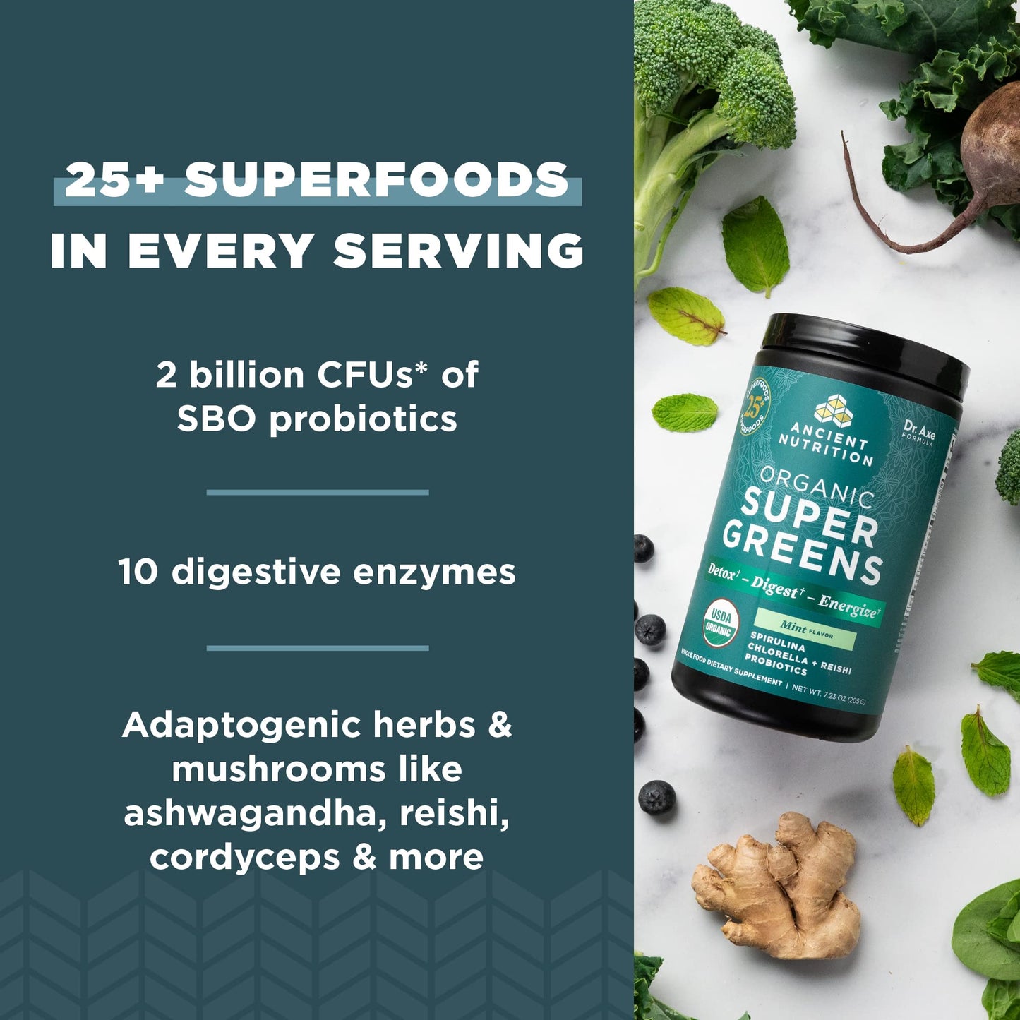 Ancient Nutrition SuperGreens Powder with Probiotics – Organic Peppermint Flavor, 25 Servings, 7.23oz