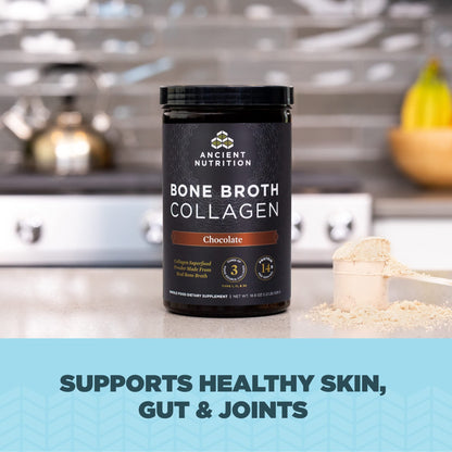 Ancient Nutrition Bone Broth Collagen Chocolate Powder – Hydrolyzed Multi-Collagen Peptides, 18.6oz, 30 Servings