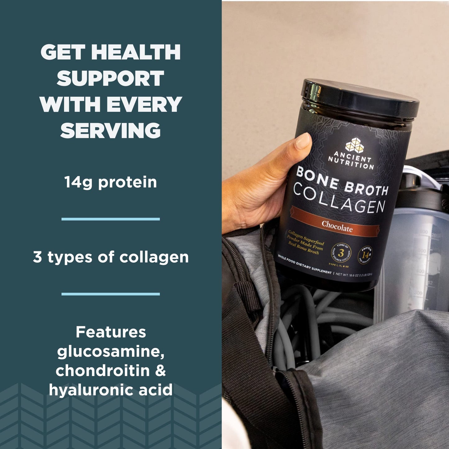 Ancient Nutrition Bone Broth Collagen Chocolate Powder – Hydrolyzed Multi-Collagen Peptides, 18.6oz, 30 Servings
