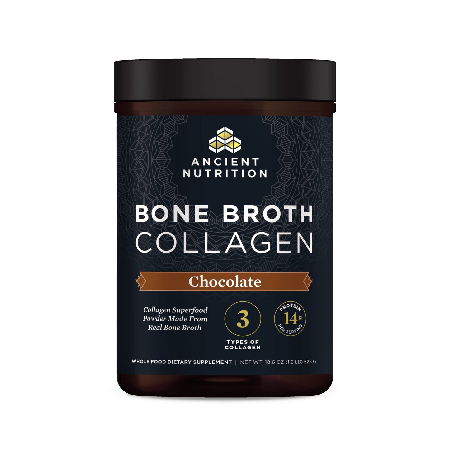 Ancient Nutrition Bone Broth Collagen Chocolate Powder – Hydrolyzed Multi-Collagen Peptides, 18.6oz, 30 Servings