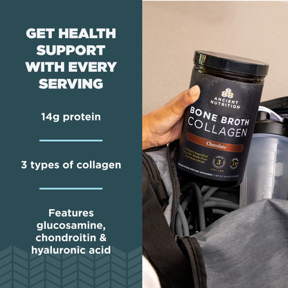 Ancient Nutrition Bone Broth Collagen Chocolate Powder – Hydrolyzed Multi-Collagen Peptides, 18.6oz, 30 Servings