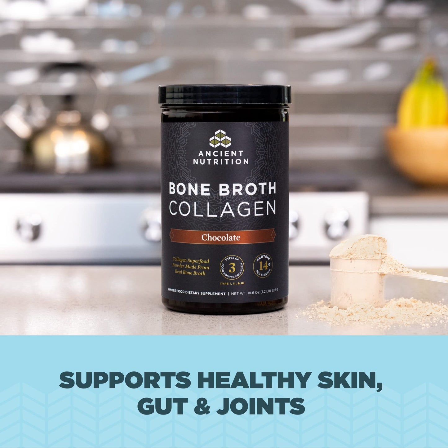 Ancient Nutrition Bone Broth Collagen Chocolate Powder – Hydrolyzed Multi-Collagen Peptides, 18.6oz, 30 Servings