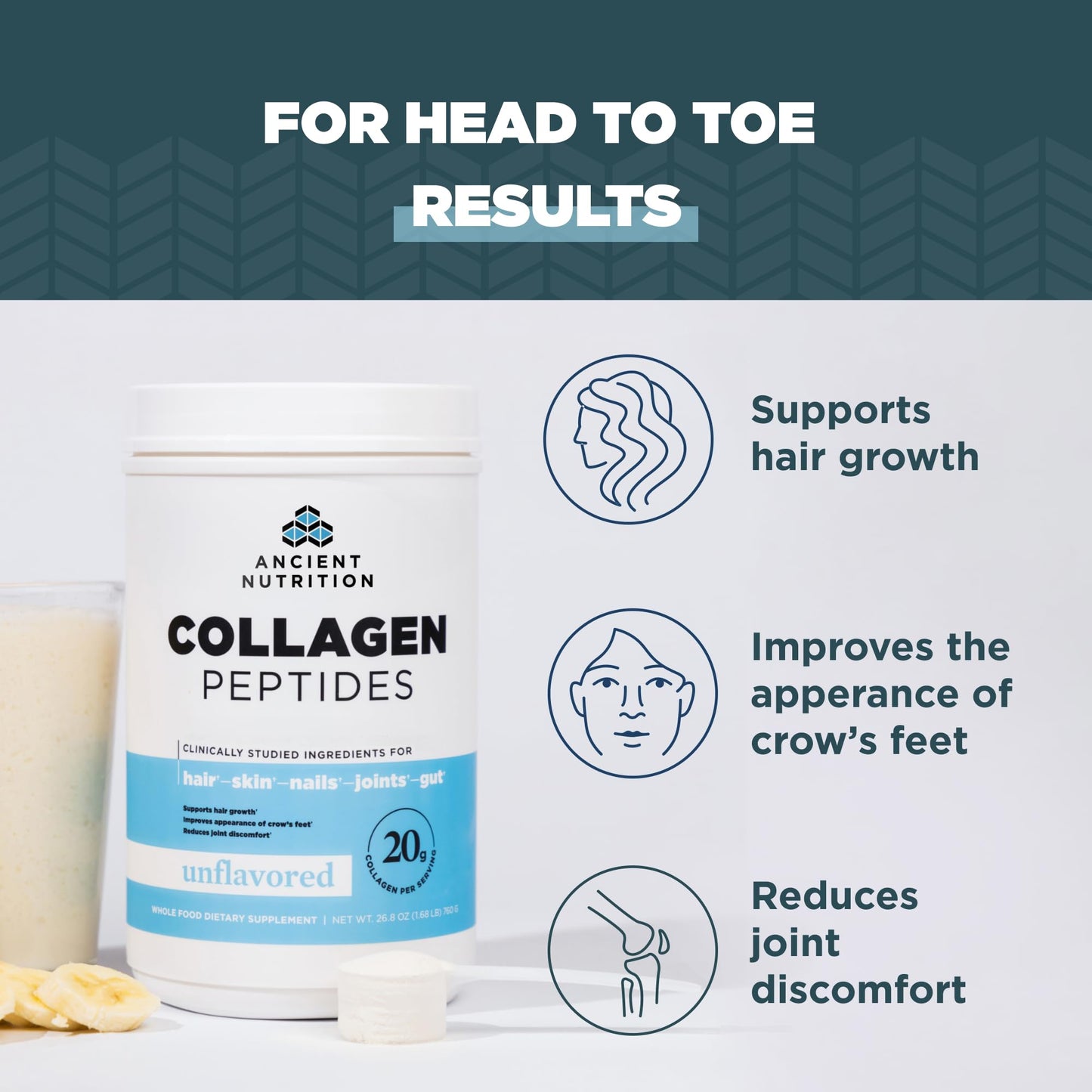 Ancient Nutrition Collagen Peptides Powder – Unflavored, 20g per Serving, 36 Servings, Keto & Paleo Friendly