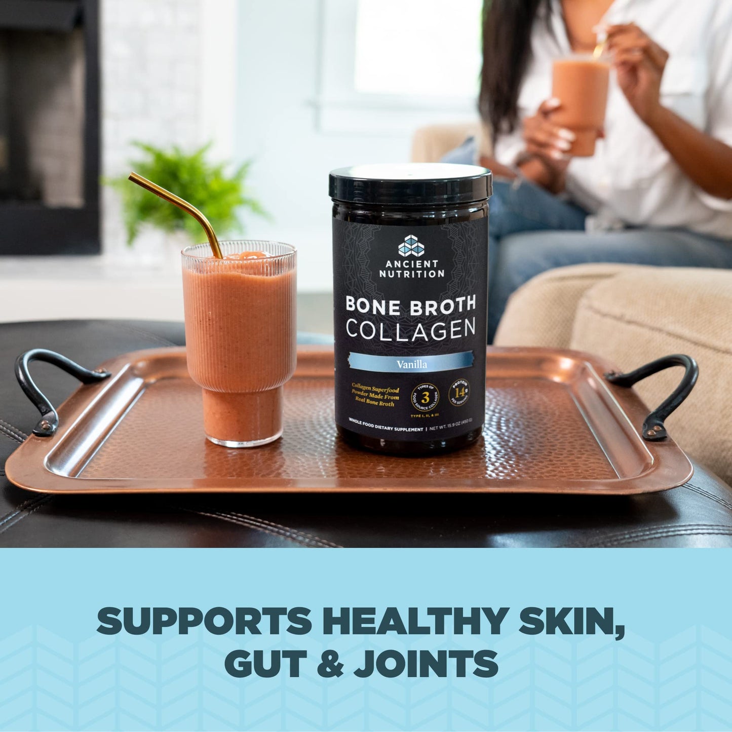 Ancient Nutrition Bone Broth Collagen Powder Vanilla – Multi-Collagen Peptides, 30 Servings