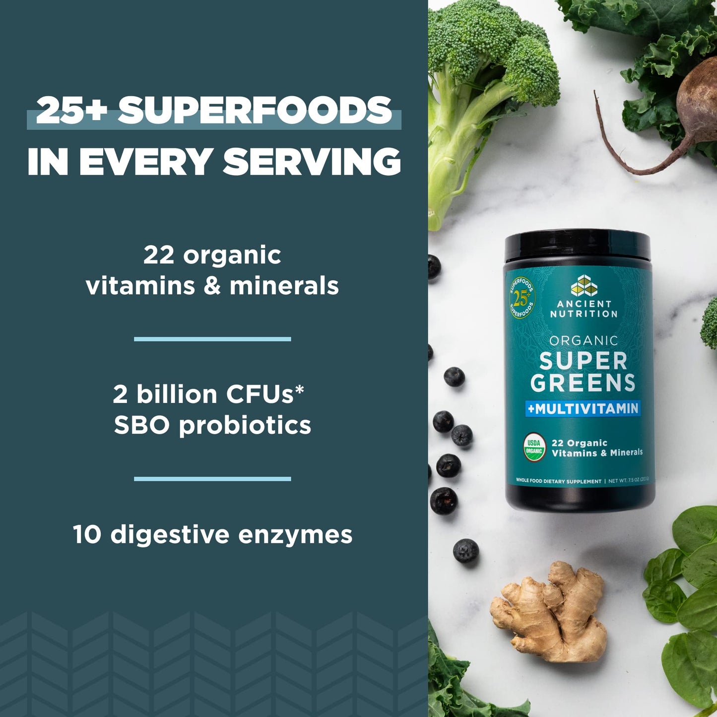Ancient Nutrition Organic SuperGreens + Multivitamin Powder | 25 Servings, 7.5 oz