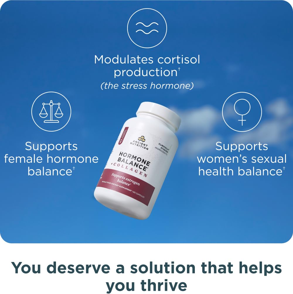 Ancient Nutrition Hormone Balance + Collagen — 60 Capsules | Ashwagandha, Maca & Chaste Tree