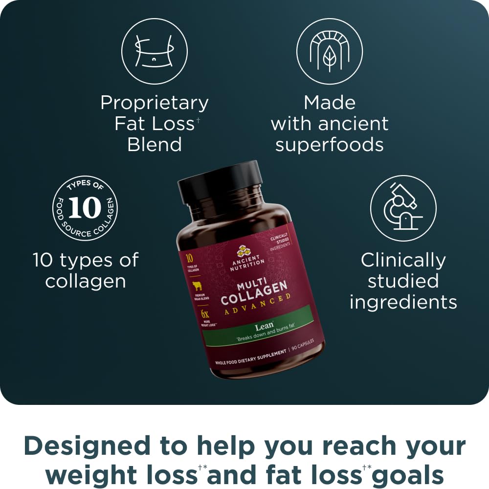 Ancient Nutrition Multi Collagen Advanced Lean with Probiotics (90 Count) – Weight & Fat Loss Support