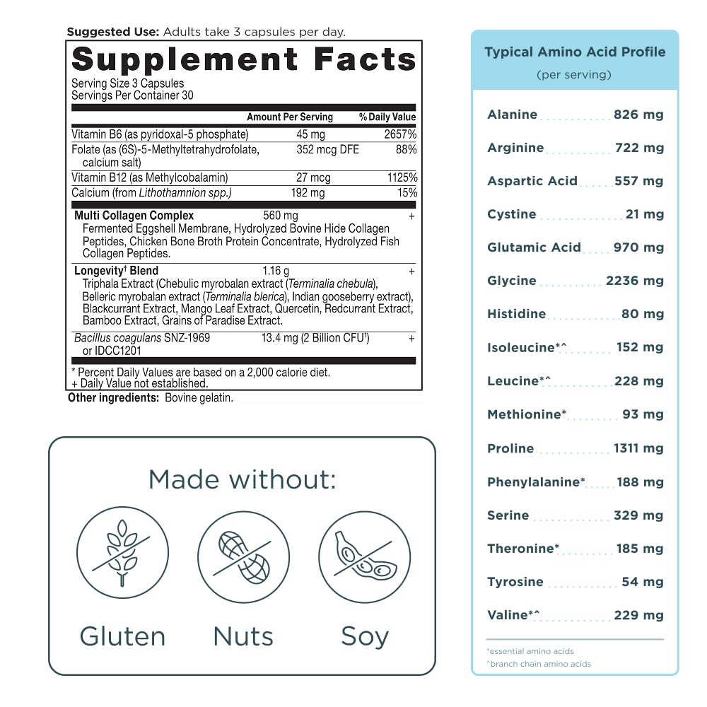 Ancient Nutrition Multi Collagen Advanced Longevity with Probiotics | Hydrolyzed Collagen Peptides | 90 Count