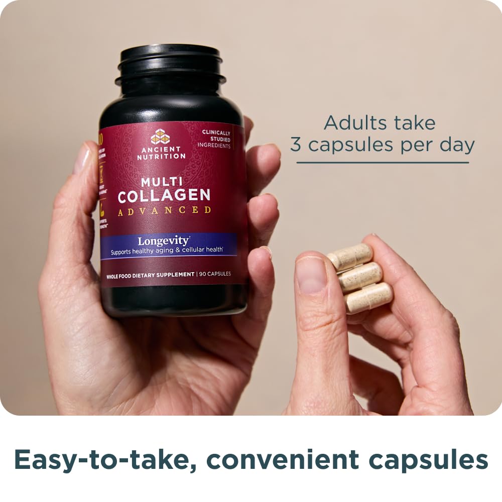 Ancient Nutrition Multi Collagen Advanced Longevity with Probiotics | Hydrolyzed Collagen Peptides | 90 Count