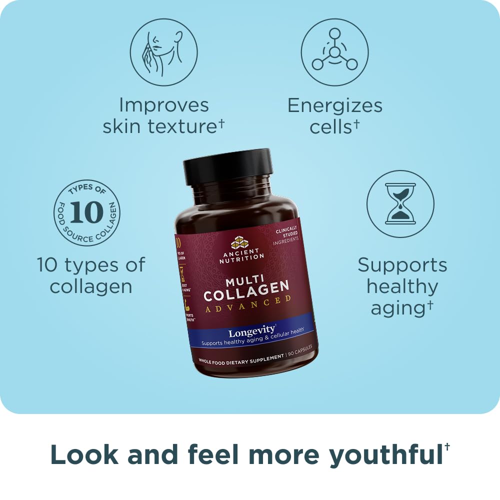 Ancient Nutrition Multi Collagen Advanced Longevity with Probiotics | Hydrolyzed Collagen Peptides | 90 Count