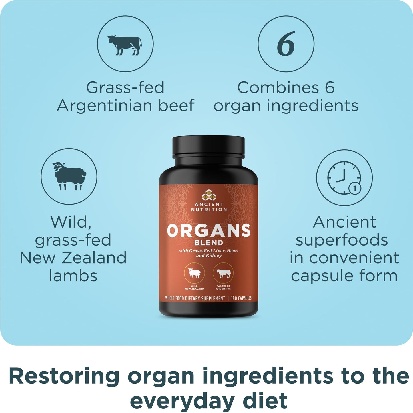 Ancient Nutrition Organ Supplements – Grass-Fed & Wild Organ Complex, 180 Count