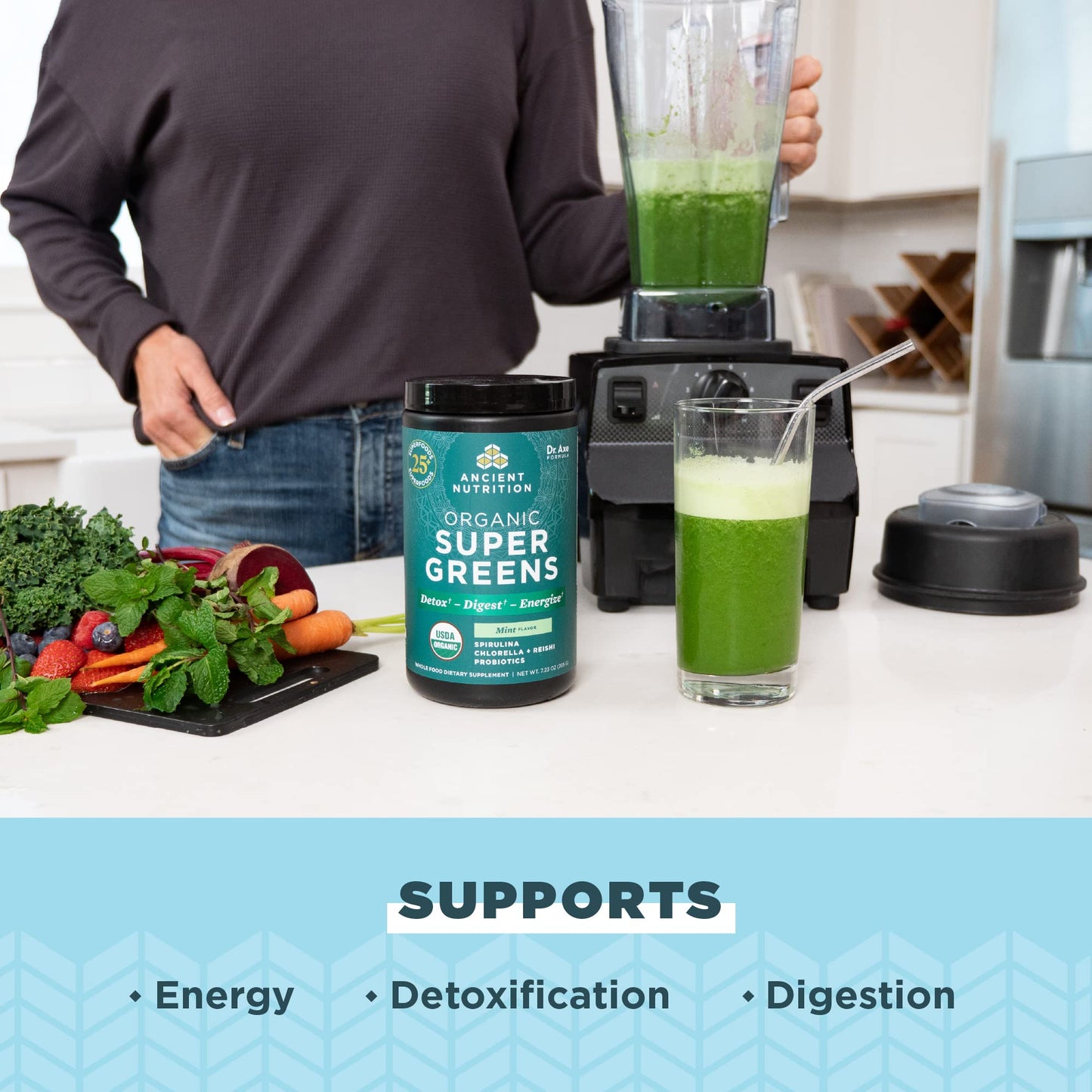 Ancient Nutrition SuperGreens Powder with Probiotics – Organic Peppermint Flavor, 25 Servings, 7.23oz