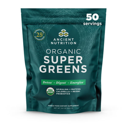 Ancient Nutrition Super Greens Powder – Organic Probiotic Superfood with Spirulina, Chlorella & Matcha | 50 Servings