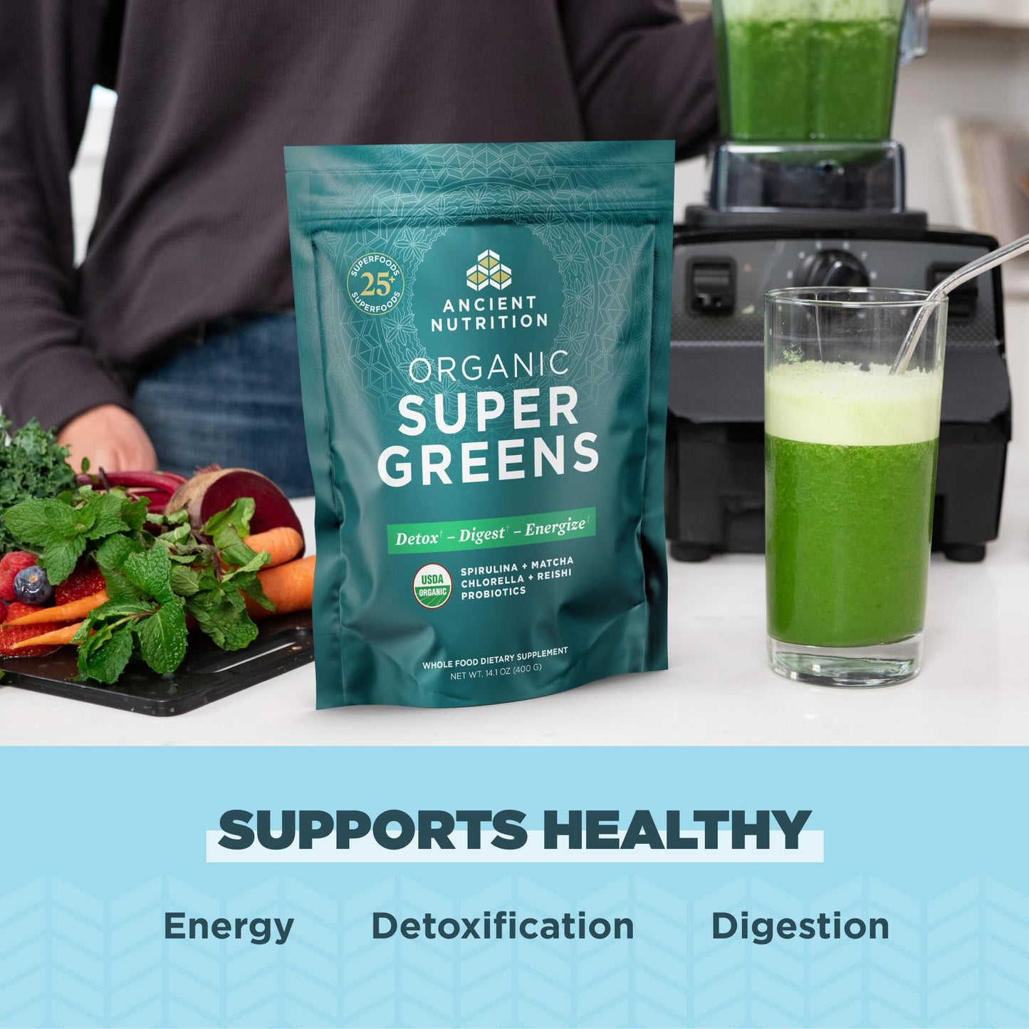 Ancient Nutrition Super Greens Powder – Organic Probiotic Superfood with Spirulina, Chlorella & Matcha | 50 Servings