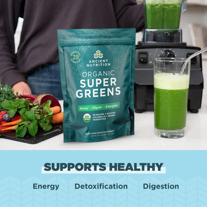 Ancient Nutrition Super Greens Powder – Organic Probiotic Superfood with Spirulina, Chlorella & Matcha | 50 Servings