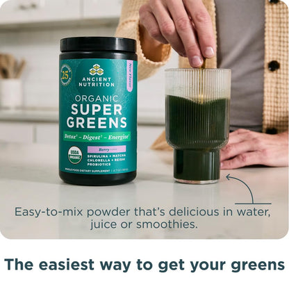 Ancient Nutrition SuperGreens Powder with Probiotics – Organic Berry Flavor, 25 Servings, 6.7 oz