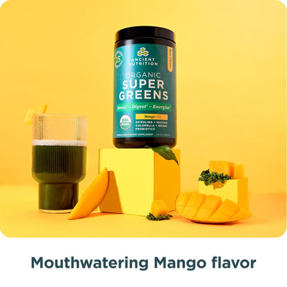 Ancient Nutrition SuperGreens Powder with Probiotics – Organic Mango Flavor, 25 Servings, 6.8oz
