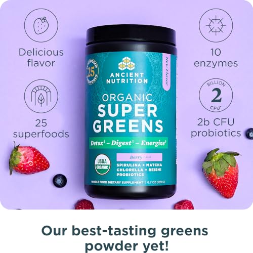 Ancient Nutrition SuperGreens Powder with Probiotics – Organic Berry Flavor, 25 Servings, 6.7 oz