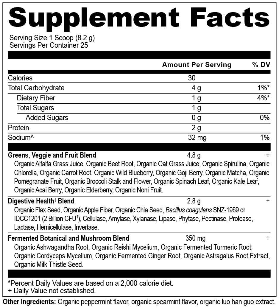 Ancient Nutrition SuperGreens Powder with Probiotics – Organic Peppermint Flavor, 25 Servings, 7.23oz
