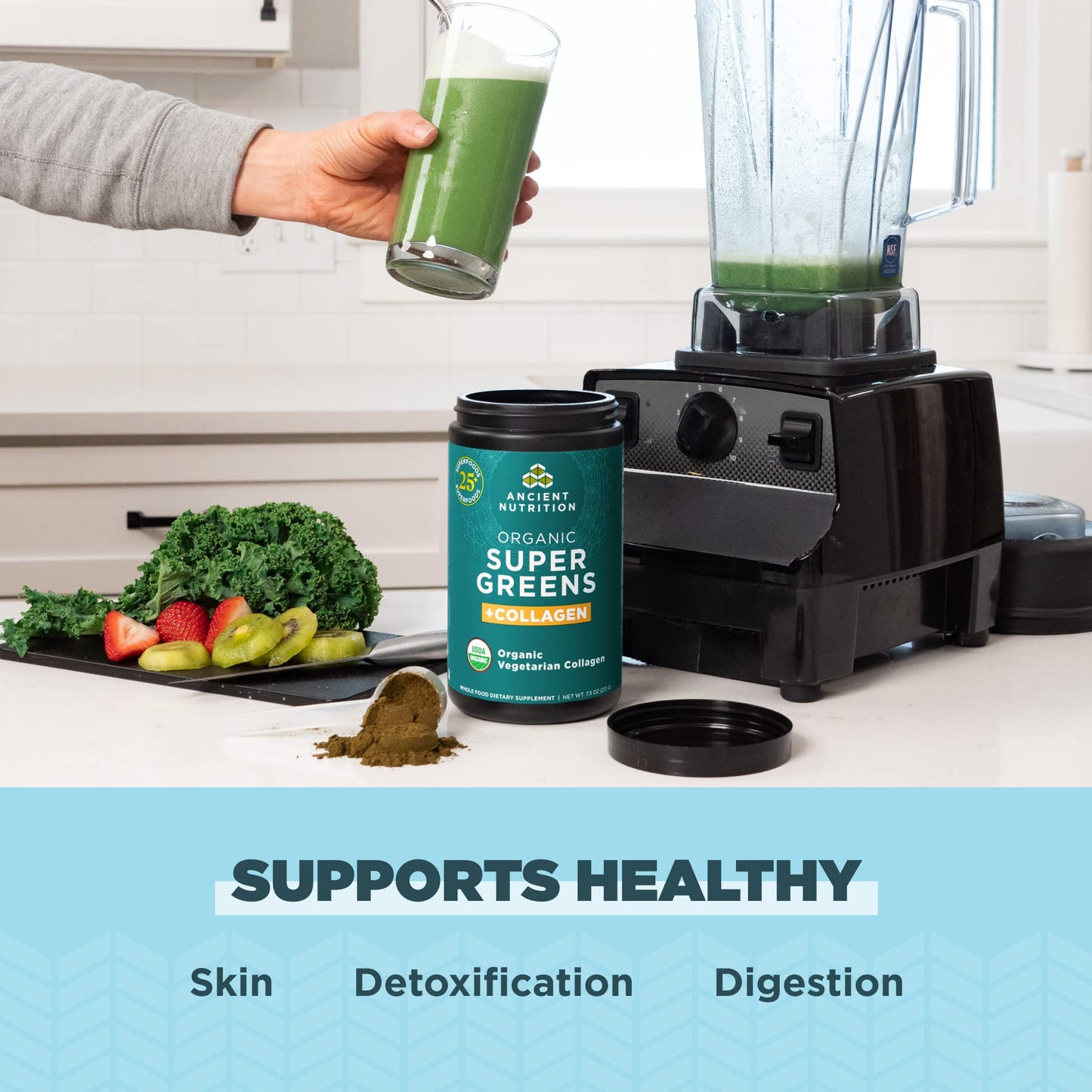Ancient Nutrition Supergreens Powder – Organic Greens with Collagen, 25 Servings