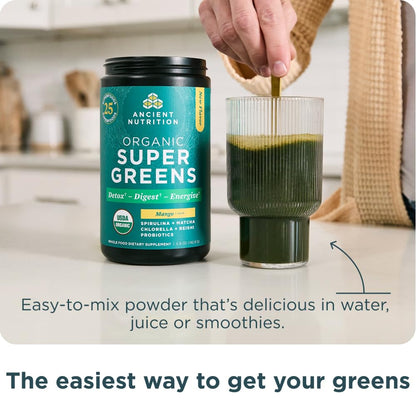 Ancient Nutrition SuperGreens Powder with Probiotics – Organic Mango Flavor, 25 Servings, 6.8oz