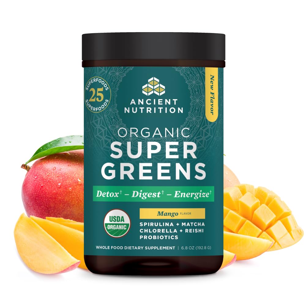 Ancient Nutrition SuperGreens Powder with Probiotics – Organic Mango Flavor, 25 Servings, 6.8oz