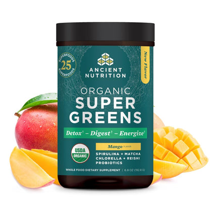 Ancient Nutrition SuperGreens Powder with Probiotics – Organic Mango Flavor, 25 Servings, 6.8oz