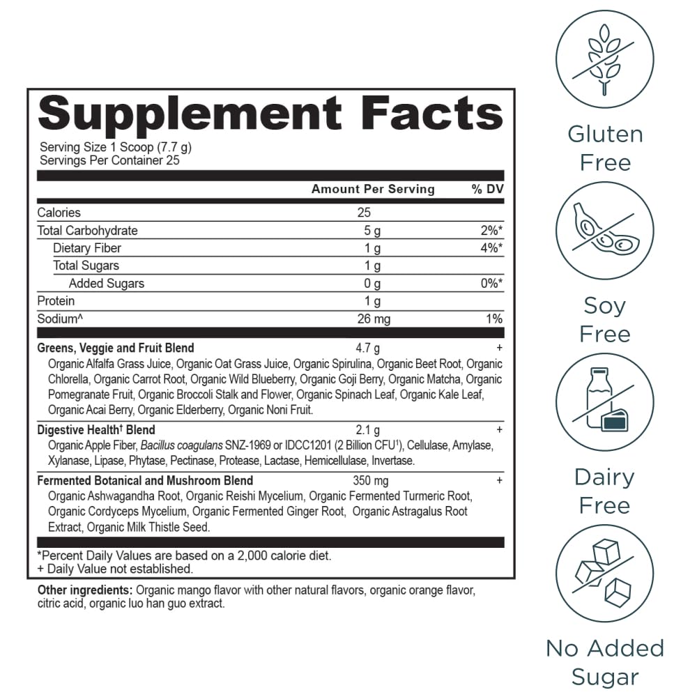 Ancient Nutrition SuperGreens Powder with Probiotics – Organic Mango Flavor, 25 Servings, 6.8oz