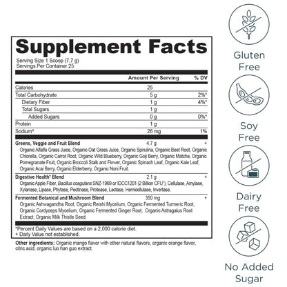 Ancient Nutrition SuperGreens Powder with Probiotics – Organic Mango Flavor, 25 Servings, 6.8oz