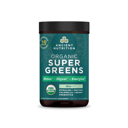 Ancient Nutrition SuperGreens Powder with Probiotics – Organic Peppermint Flavor, 25 Servings, 7.23oz