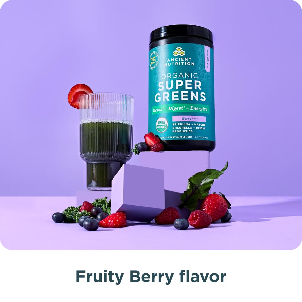 Ancient Nutrition SuperGreens Powder with Probiotics – Organic Berry Flavor, 25 Servings, 6.7 oz
