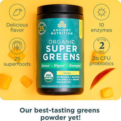 Ancient Nutrition SuperGreens Powder with Probiotics – Organic Mango Flavor, 25 Servings, 6.8oz