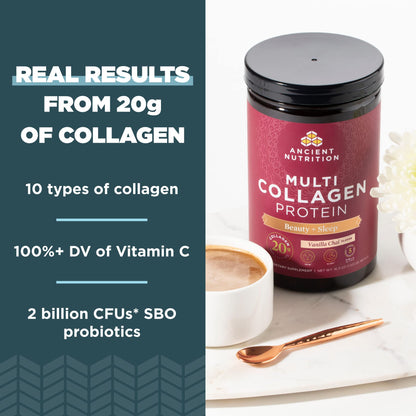 Ancient Nutrition Multi Collagen Beauty + Sleep Vanilla Chai – 16.1 oz