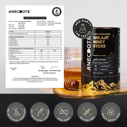 ANECDOTE Himalayan Shilajit Honey Sticks with Organic Honey & Saffron — Boosts Stamina, Immunity & Focus | 75% Fulvic Acid, 85+ Minerals | 30 Sticks