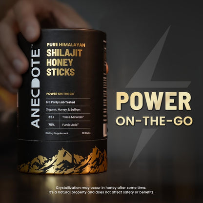 ANECDOTE Himalayan Shilajit Honey Sticks with Organic Honey & Saffron — Boosts Stamina, Immunity & Focus | 75% Fulvic Acid, 85+ Minerals | 30 Sticks