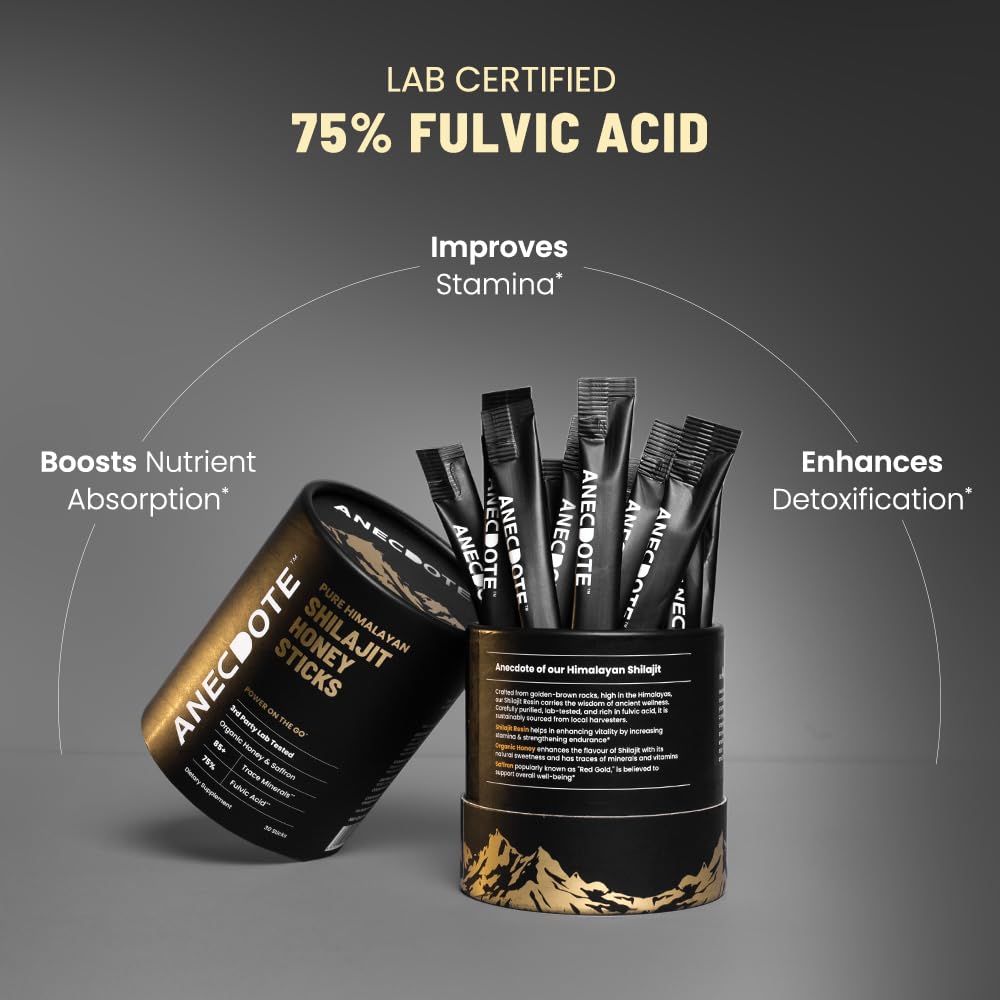 ANECDOTE Himalayan Shilajit Honey Sticks with Organic Honey & Saffron — Boosts Stamina, Immunity & Focus | 75% Fulvic Acid, 85+ Minerals | 30 Sticks
