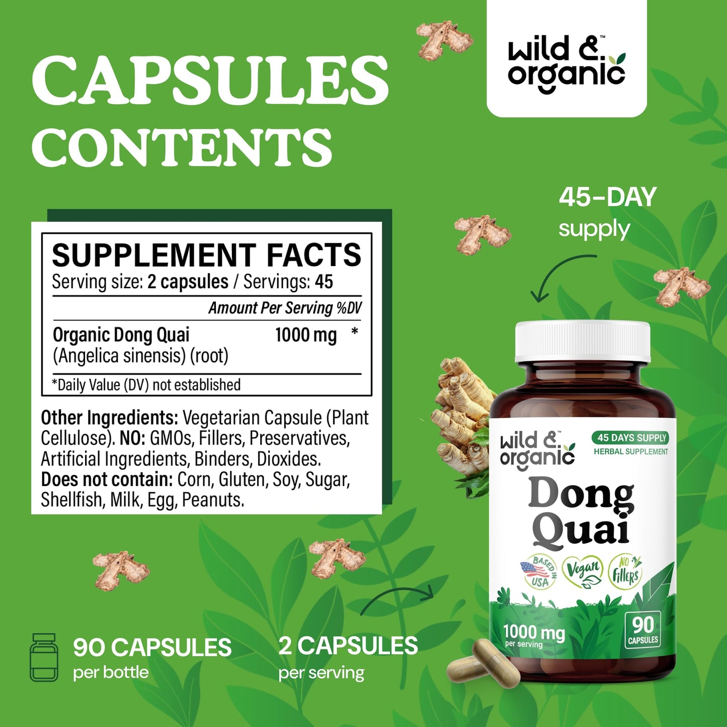 Wild & Organic Dong Quai Capsules for Women - 1000 mg per Serving | 90 Count | Vegan, Non-GMO