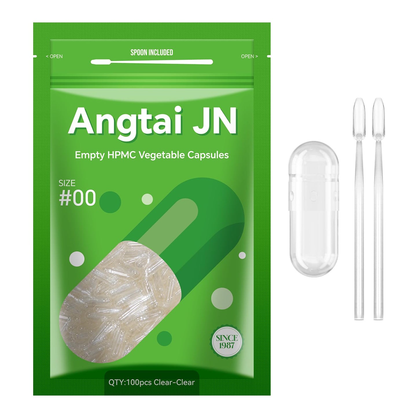 Angtai JN Vegan Capsule Size 00 – Empty Plant-Based Pill Caps Kit (100 Count) Gluten Free & Non-GMO