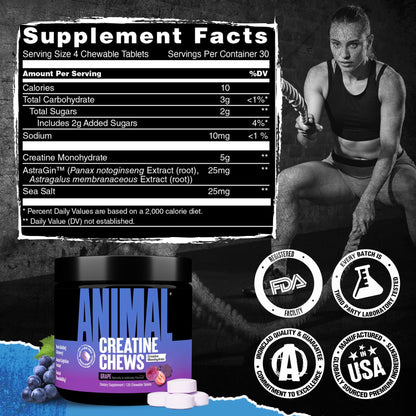 Animal Creatine Chews Tablets – Enhanced Creatine Monohydrate with AstraGin | Grape Flavor