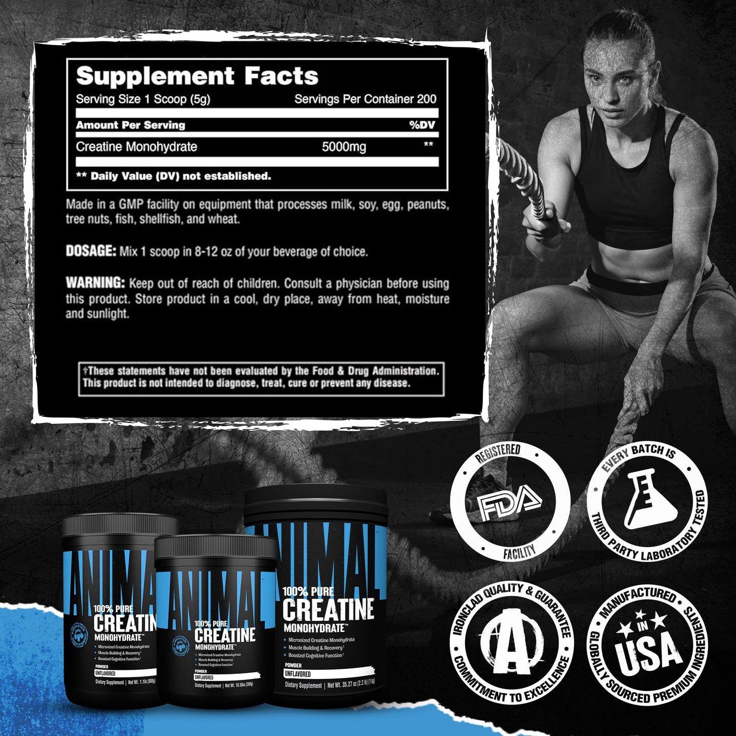 Animal Creatine Monohydrate Powder – 5g per Serving, Unflavored, 1kg