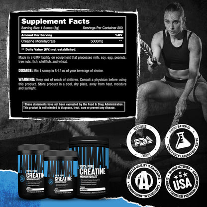 Animal Creatine Monohydrate Powder – 5g per Serving, Unflavored, 1kg