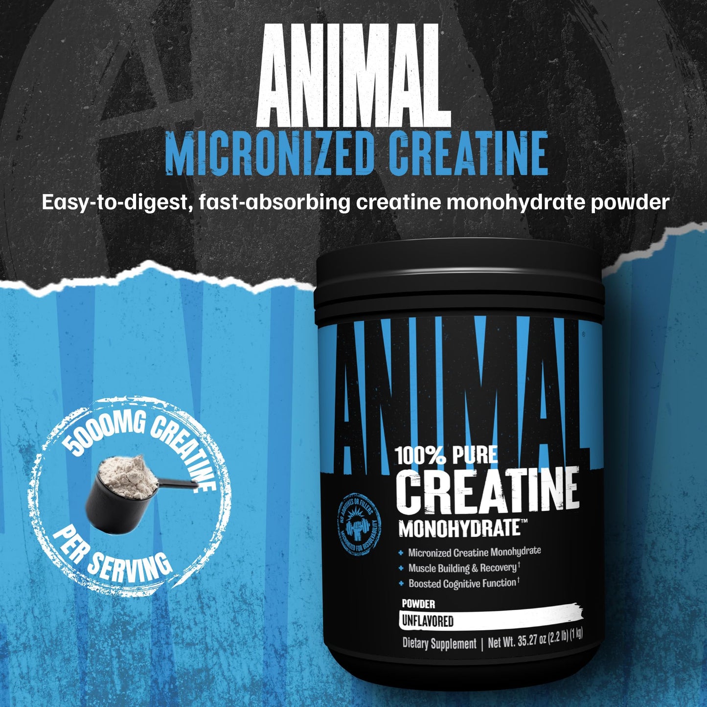 Animal Creatine Monohydrate Powder – 5g per Serving, Unflavored, 1kg