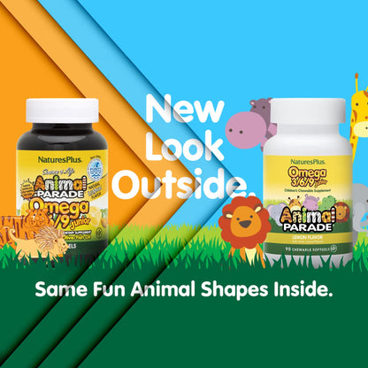 Natures Plus Animal Parade Omega 3/6/9 Junior - Lemon, 90 Softgels | Non-GMO, Gluten Free