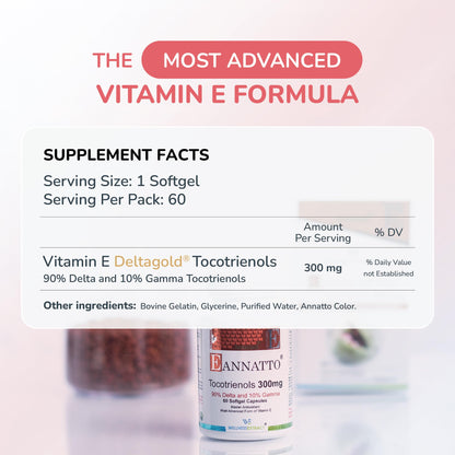 Wellness Extract Annatto Tocotrienols Vitamin E Supplement – Tocopherol-Free, Non-GMO, Gluten-Free, 300 mg, 60 Softgels