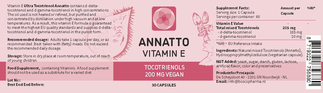 Annatto Tocotrienols Vegan Vitamin E - Tocopherol Free, 200mg, Non-GMO Antioxidant (30)